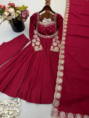 Red heavy embroidered flared anarkali suit with pant and dupatta set 4
