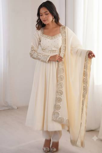 White heavy embroidered flared anarkali suit with pant and dupatta set