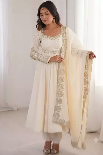 White heavy embroidered flared anarkali suit with pant and dupatta set