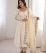 White heavy embroidered flared anarkali suit with pant and dupatta set