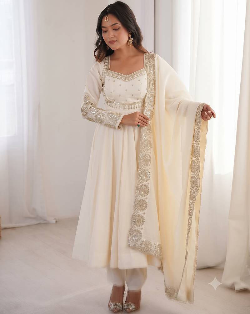 White heavy embroidered flared anarkali suit with pant and dupatta set