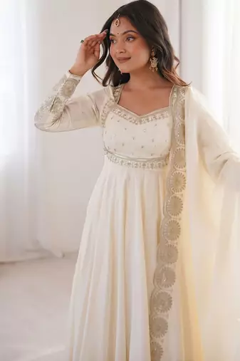 White heavy embroidered flared anarkali suit with pant and dupatta set