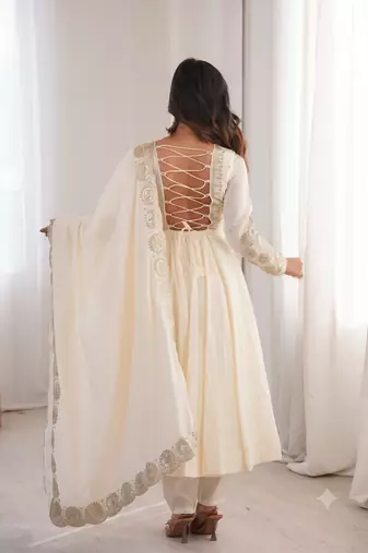 White heavy embroidered flared anarkali suit with pant and dupatta set