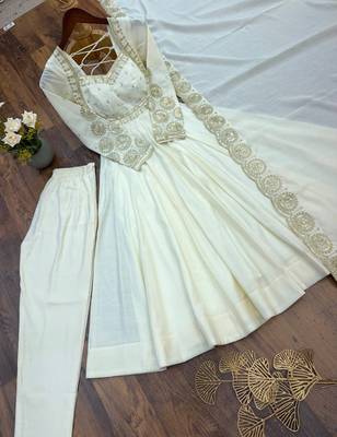 White heavy embroidered flared anarkali suit with pant and dupatta set 4