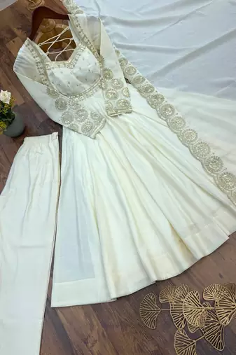 White heavy embroidered flared anarkali suit with pant and dupatta set