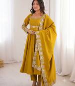 Yellow heavy embroidered flared anarkali suit with pant and dupatta set