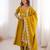 Yellow heavy embroidered flared anarkali suit with pant and dupatta set