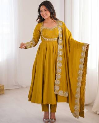 Yellow heavy embroidered flared anarkali suit with pant and dupatta set 2