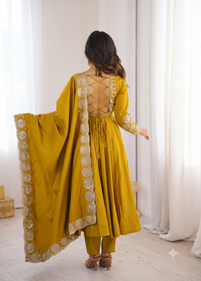 Yellow heavy embroidered flared anarkali suit with pant and dupatta set 3