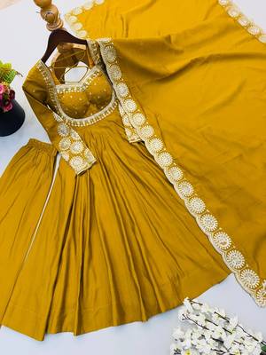 Yellow heavy embroidered flared anarkali suit with pant and dupatta set 4