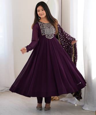 Heavy fox georgette embroidery sequence and jari work wine readymade ethnic gown 1