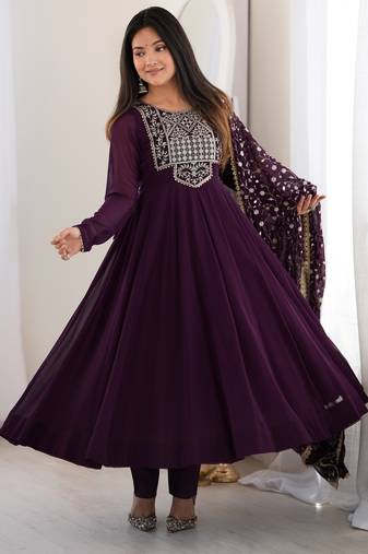 Heavy fox georgette embroidery sequence and jari work wine readymade ethnic gown