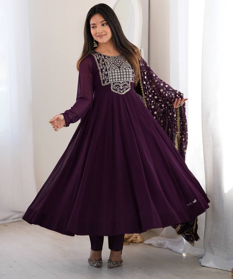 Heavy fox georgette embroidery sequence and jari work wine readymade ethnic gown