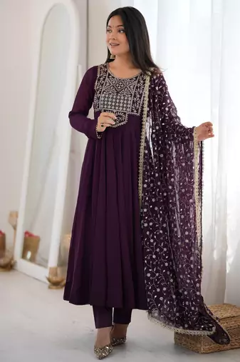 Heavy fox georgette embroidery sequence and jari work wine readymade ethnic gown