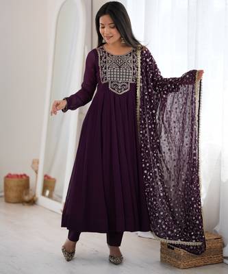Heavy fox georgette embroidery sequence and jari work wine readymade ethnic gown 3