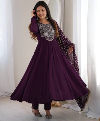 Heavy fox georgette embroidery sequence and jari work wine readymade ethnic gown 4