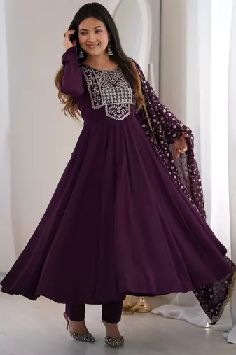 Heavy fox georgette embroidery sequence and jari work wine readymade ethnic gown
