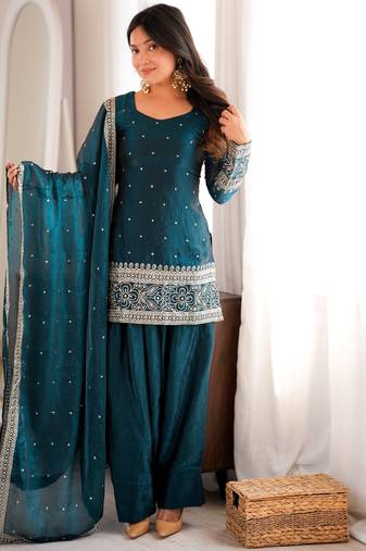 Heavy silk blend  embroidery sequence and jari work rama readymade salwar suit