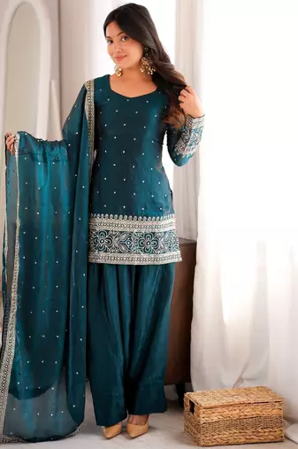 Heavy silk blend  embroidery sequence and jari work rama readymade salwar suit
