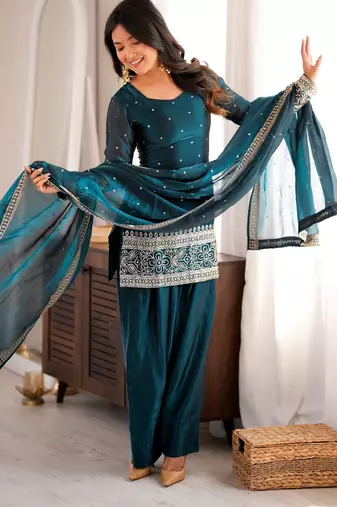 Heavy silk blend  embroidery sequence and jari work rama readymade salwar suit