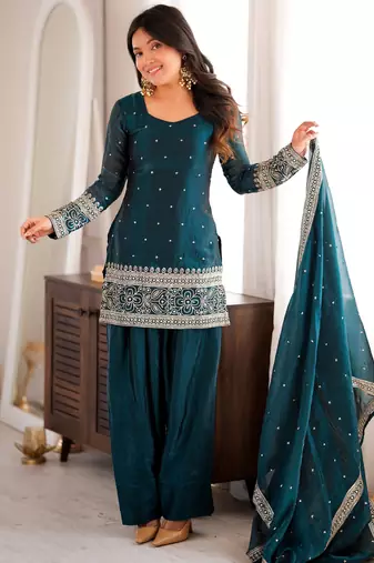 Heavy silk blend  embroidery sequence and jari work rama readymade salwar suit