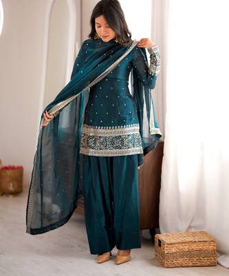 Heavy silk blend  embroidery sequence and jari work rama readymade salwar suit 4