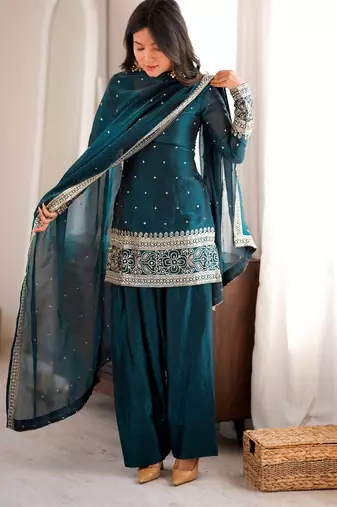 Heavy silk blend  embroidery sequence and jari work rama readymade salwar suit