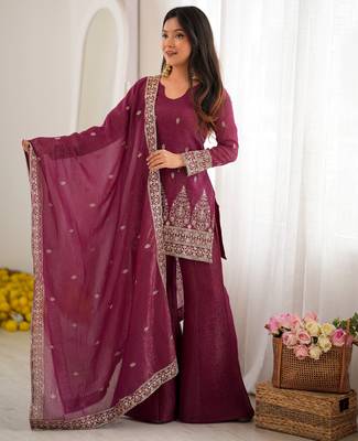 Heavy crunchy silk blend  embroidery sequence and jari work burgandy readymade salwar suit 1
