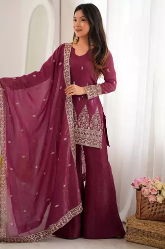 Heavy crunchy silk blend  embroidery sequence and jari work burgandy readymade salwar suit