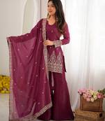 Heavy crunchy silk blend  embroidery sequence and jari work burgandy readymade salwar suit