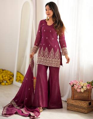 Heavy crunchy silk blend  embroidery sequence and jari work burgandy readymade salwar suit 3