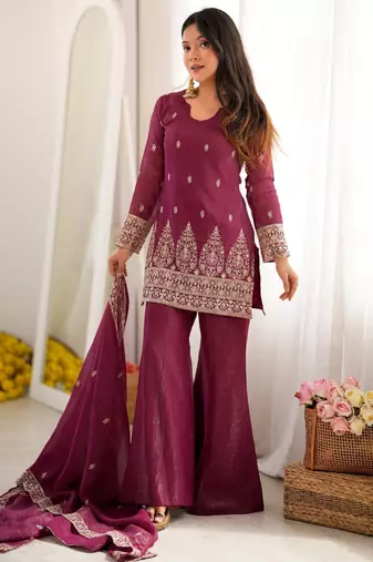 Heavy crunchy silk blend  embroidery sequence and jari work burgandy readymade salwar suit
