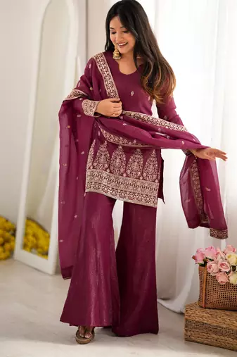 Heavy crunchy silk blend  embroidery sequence and jari work burgandy readymade salwar suit