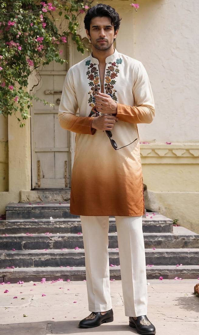 Multicolor printed cotton blend thigh length men kurta