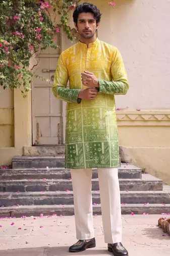 Multicolor printed cotton blend thigh length men kurta