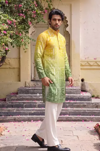 Multicolor printed cotton blend thigh length men kurta