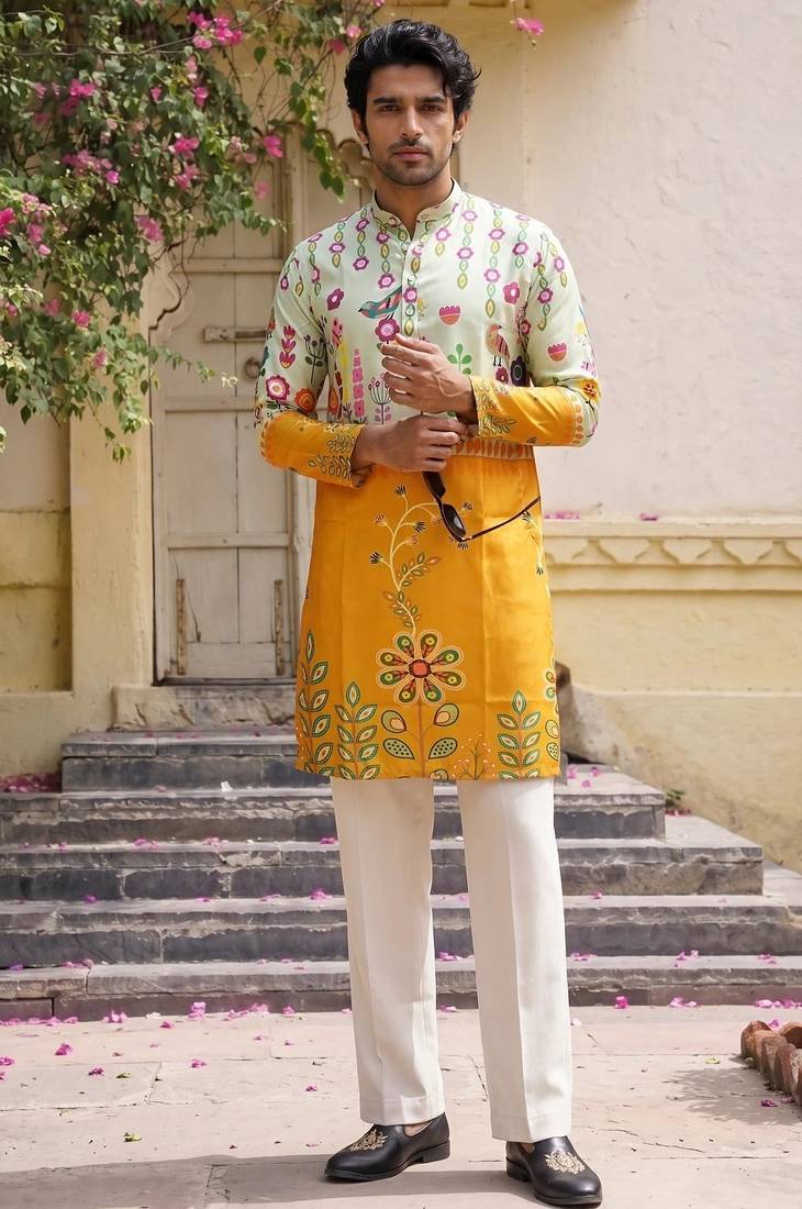 Multicolor printed cotton blend thigh length men kurta