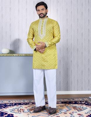 Yellow embroidered silk straight men kurta 1