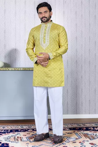 Yellow embroidered silk straight men kurta