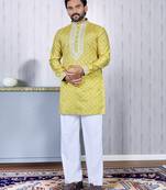 Yellow embroidered silk straight men kurta