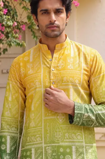 Multicolor printed cotton blend thigh length men kurta