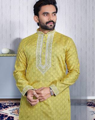 Yellow embroidered silk straight men kurta 2