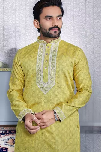 Yellow embroidered silk straight men kurta