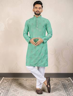 Sea green silk embroidered straight men kurta 1