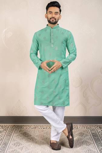Sea green silk embroidered straight men kurta