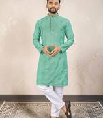 Sea green silk embroidered straight men kurta