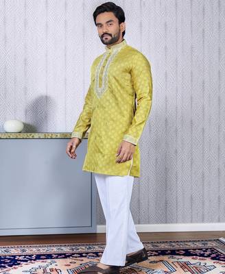 Yellow embroidered silk straight men kurta 3