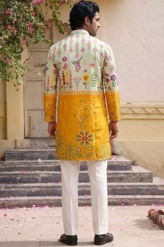Multicolor printed cotton blend thigh length men kurta