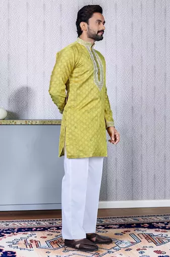 Yellow embroidered silk straight men kurta