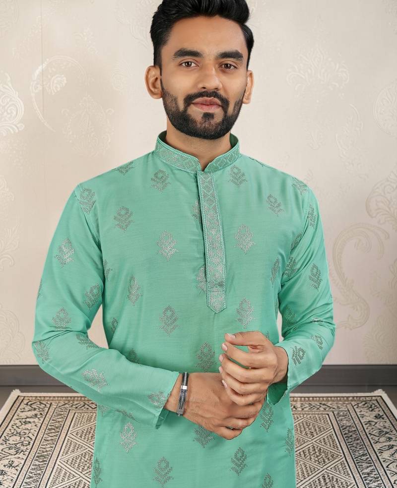 Sea green silk embroidered straight men kurta